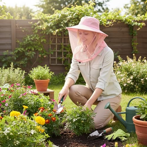 Mosquito Fishing Safari Mesh Net Hat with Neck Flap, Sun Protection Women Men Bug Cap, Hidden Netting Boonie - color: Light Pink