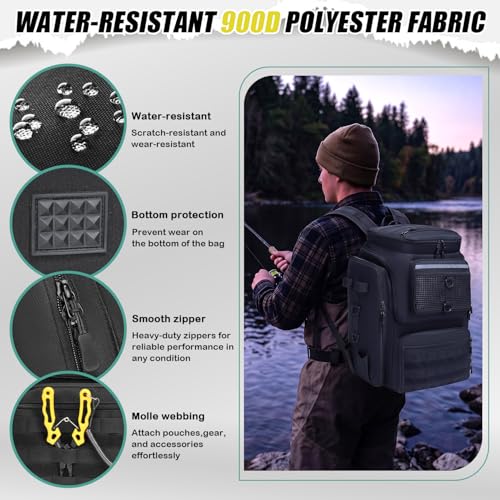 HAMBOLY Fishing Backpack 45L with Rod Holders, Water-Resistant Tackle Backpack for Fishermen, Large Capacity Fishing Gear Bag for Travel Hiking Camping - color: Black (4 Tackle Boxes Included)