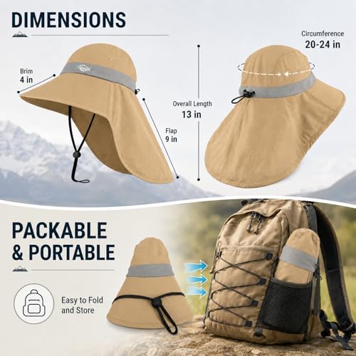 Palmyth Fishing Hat UPF 50+ Sun Protection Neck Flap Hat for Men and Women | Cooling Neck Flap, Water Resistant, Wide Brim, Detachable Chin Strap, Breathable Mesh, Sweatband, Adjustable Buckle, Packable - color: Khaki