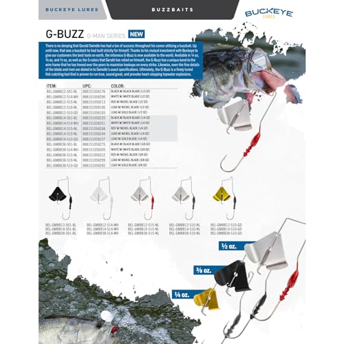 BUCKEYE LURES G-Buzz Single Bladed Buzzbait - Durable Fish-Catching Topwater Lure for Bass Fishing - color: White w/White, size: 1/2