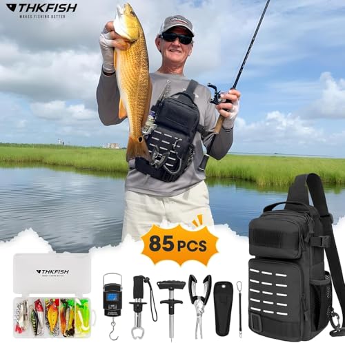 THKFISH 85Pcs Fishing Tool Kit, Fishing Backpack with Tackle Boxes Included, Fishing Tackle Kit Include Fishing Bait Lure Gear Kit, Fishing Pliers, Fish Hook Remover, Lip Gripper - color: Black camouflage