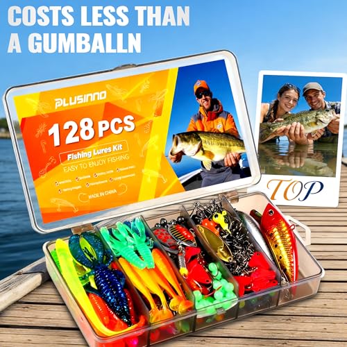 PLUSINNO Fishing Lures, All-in-One Fishing Tackle Box with Tackle Included, Fishing Gear Lure Bait Accessories Kit for Freshwater Bass Trout, Ideal Fishing Gifts for Men, Father & Beginners - color: 128Pcs Fishing Lures Kit