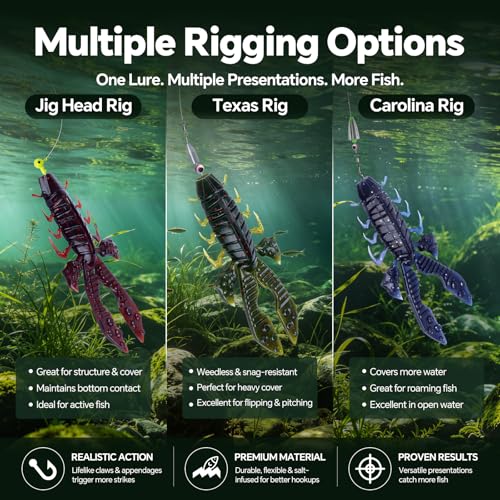 Crawfish Lure 5.5", Soft Plastic Crawdad Creature Bait with Rattles, Weedless Bass Fishing Lure, Realistic Fishing Lures for Freshwater & Saltwater, 3 Pack Red Green Blue - color: Red, Blue, Green (box)