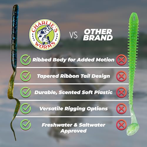 Charlie's Worms 10" Ribbon Tail Soft Plastic Worms for Bass Fishing, Freshwater & Saltwater Lures, Scented Swim Bait, Texas Rigged, Weedless, Large & Smallmouth, White Firetail, 6-Pack - color: Black