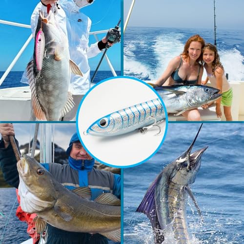 Topwater Pencil Popper Wobbler Hard Stick Baits Handmade Fishing Lure Plug Swimbait with Fishing Treble Hooks Bait Floating Saltwater 4.9OZ - color: blue