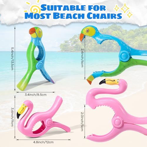 4 Pcs Towel Clips for Beach Chairs, Jumbo Size Beach Towel Clips Windproof Grip Secure Hang Towel Holder Clothes Pins Decorative Towel Clips for Pool, Cruise, Patio, Holiday Travel(Flamingo,Parrot) - style: Style:Flamingo+Parrot