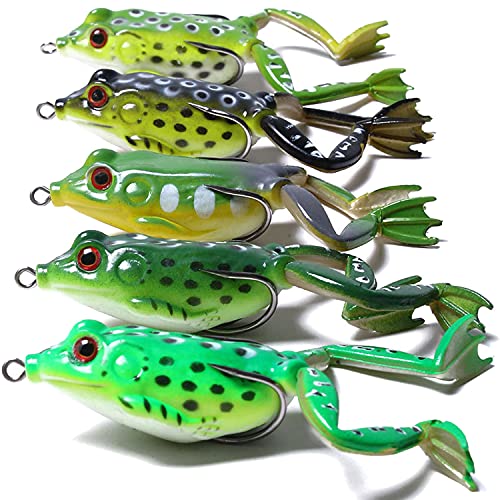 Frog Lure, Topwater Fishing Lures, Frog Lures for Bass Fishing, Top Water Frog Soft Swimbaits with Weedless Fishing Lures for Bass Trout Pike Snakehead,5pcs with Box
