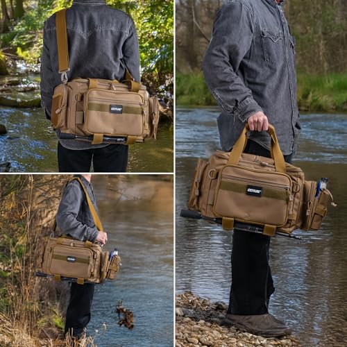 Goture Fishing Tackle Bag,Store Up to 4PCS 3700 Tackle Boxes(Not Included),600D Soft Side Water-Resistant Saltwater Gear Storage Fishing Bag with Rod Straps,Detachable Water Bottle Pouch,SBS Zippers - color: A3:Khaki(Without Trays-17.72"x11.81"x9.45"), si