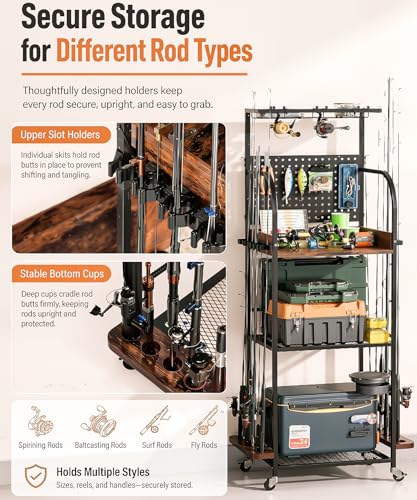Homde Fishing Rod Holders for Garage: Large Capacity Fishing Equipment Holder up to 12 Rods - Mobile Tackle Storage Cart with Pegboard and Hooks for Tackle Box Organizers and Storage