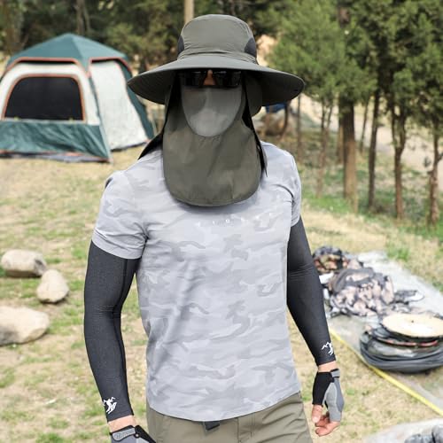 Sun Hat Unisex Face Coverage Shield Neck Flap Cap Garden Lawn Work Sports Hiking Fishing Hats - color: Army Green and Black Mesh