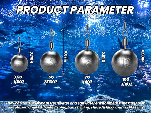 50Pcs Round Fishing Weights Sinkers Ball Fishing Weights Casting Drop Shot Sinkers Catfishing Sinkers Lead Weights Sinkers with Barrel Swivels for Saltwater Freshwater Fishing-(3.5-10g) - size: 1/4oz(7g)-40 Pack