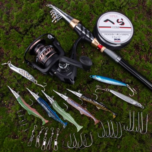 Alwonder Fishing Spinning Rod and Reel Combos, Carbon Fiber Telescopic Fishing Rod 4000 Spinning Reel Set Saltwater Freshwater with Jigs Spoon Spinner Sandeel Lures Line Gear Accessories Tackle - size: L - 2.4M/7.87FT
