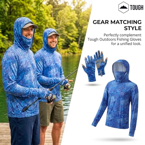 Tough Outfitters Hooded Fishing Shirt UPF 50+ Realtree Camo Sun Hoodie for Men Women – Long Sleeve UV Protection Lightweight - color: Navy Blue, size: Large