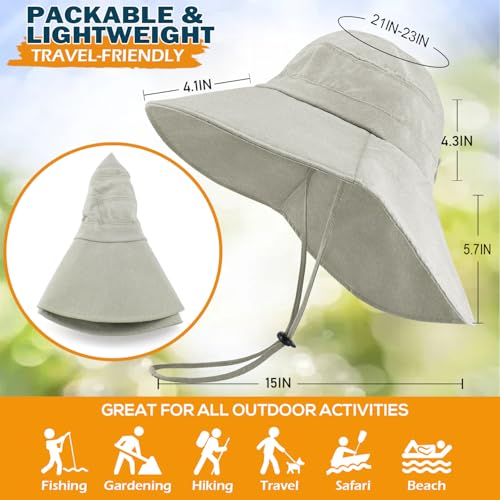 Women's Cotton Sun Hat with Neck Flap, UV Protection Wide Brim Outdoor Hat | Adjustable Fit, Moisture-Wicking & Breathable, Packable & Lightweight for Fishing Hiking Gardening Beach Safari - color: Khaki