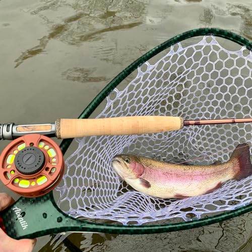 Aventik Fly Floating Fishing Net Carbon Fiber Landing Trout Net Light Weight Clear Rubber Ghost Net Catch & Release - color: ONLY Long Handle Black Net