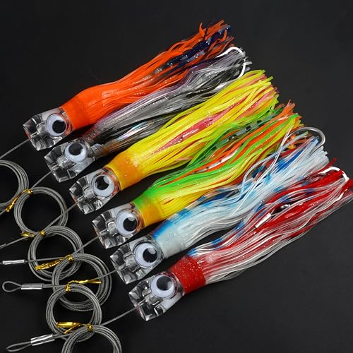 Saltwater Fishing Lures 6/9inch Trolling Lures for Marlin Mahi Tuna Dolphin Shark Big Game Deep Sea Fishing Baits Squid Skirts Rigged Hooks Ocean Gear Tackle - color: Yellow-1pcs, size: 6inch