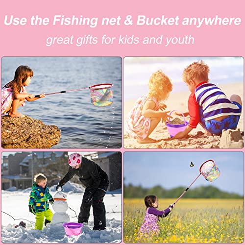 Kids Fishing Net - Telescopic Landing Net with Aluminum Pole Handle, Collapsible Bucket Sand Pail, Butterfly Net for Outdoor Play - color: Pink