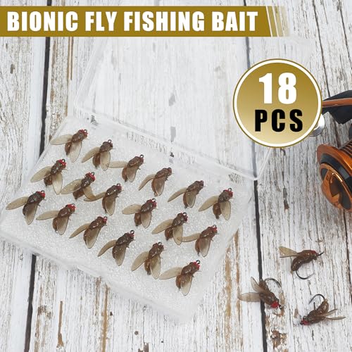 Bionic Fly Fishing Bait,18pcs/36pcs Trout Jig Swimbait Fly Hook Soft Bait Dry Flies Fly Fishing Lures Assortment Kit Attractant Fishing Gear Artificial Fishing Lure Panfish Lure Set - color: Browm-18PCS