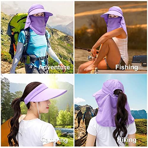 Women Wide Brim Face Mask Sun Hat Detachable Neck Face Flap Ponytail UV Protection Visor Hat Garden Fishing Hiking - color: A5-shun005-purple