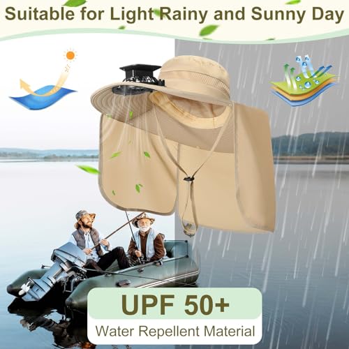 Maiteenly 2 Pcs Solar Fan Hat for Men with Neck Flap Bucket Fan Buit in Hats for Hiking Fishing Outdoor USB and Solar Powered - color: Black,khaki
