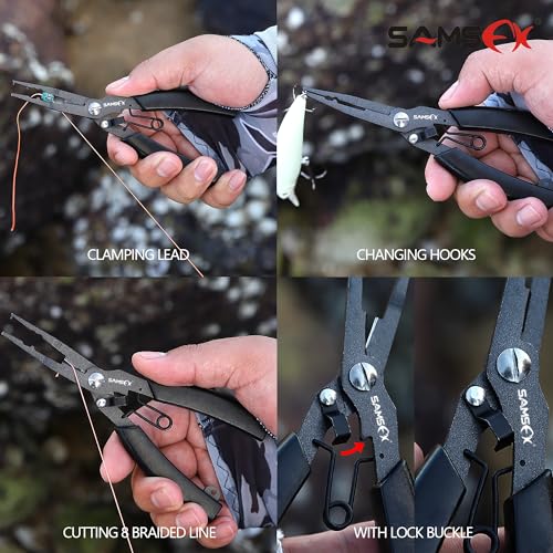 SAMSFX Locking Fishing Pliers Saltwater Resistant Teflon Coated Briad Line Cutters with Wire Coiled Lanyard, Sheath & Quick Knot Tool Combo - color: Black Color