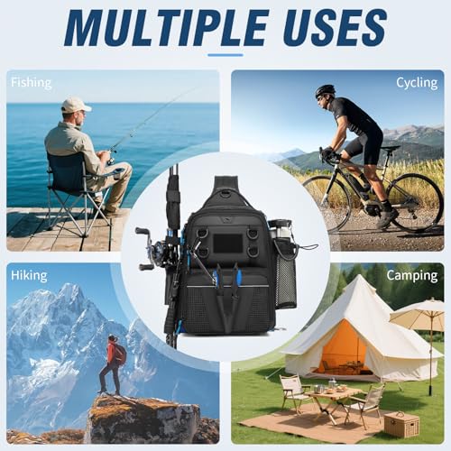 Fishing Bag, Small Fishing Tackle Sling Bag with Rod & Beverage Holder, Convertible Crossbody Shoulder Bag, Fish Gifts for Men Women, Black - color: Black