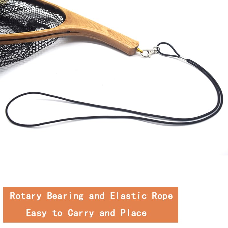 Small Wooden Frame Fly Fishing Landing Net With Soft Rubber Mesh for Trout Bass Catch and Release - Fishing Gear - color: Curved Handle