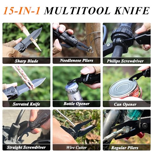 RoverTac Pocket Knife, 15-in-1 Multitool with Pliers, Bottle & Can Opener, 9 Screwdriver Bits, Locking Mechanism & Nylon Sheath - EDC Multi Tool for Camping, Hiking & DIY, Gift for Men & Dad - style: Multi-Knife Pliers