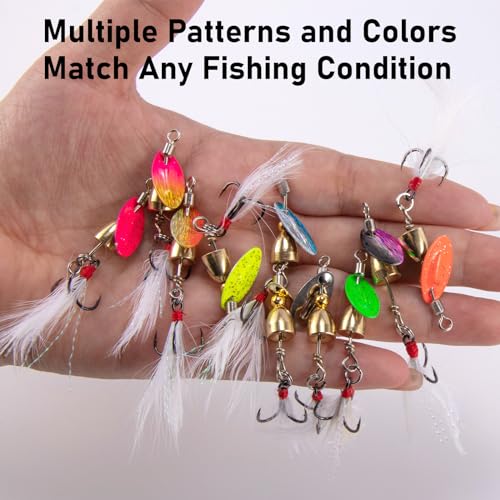 Dr.Fish 10 Pack Fishing Spinner Inline Spinner Lures Single Hook Trout Spinnerbait Lures Kits Bass Crappie Salmon Panfish Walleye Freshwater Stream - color: Feathered Treble Hook Kit, size: 1/8oz-#10