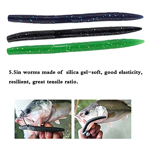 Soft Plastic Bass Fishing Lure 5.3" Senko Style Worms-Salt Impregnation, Ribbed Design Slow Sinking Swimbaits - color: 5 colors kit