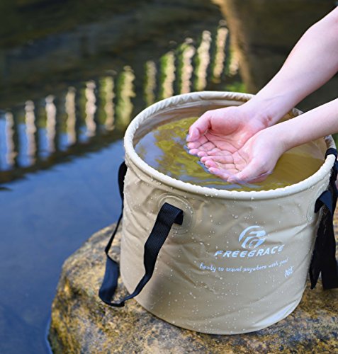 Freegrace Collapsible Bucket with Mesh Tool Pocket - 10L, 16L & 23L Portable Folding Water Container - Heavy Duty 500D Tarpaulin, BPA-Free Wash Basin for Camping, Fishing, RV, and Car Washing - color: Khaki