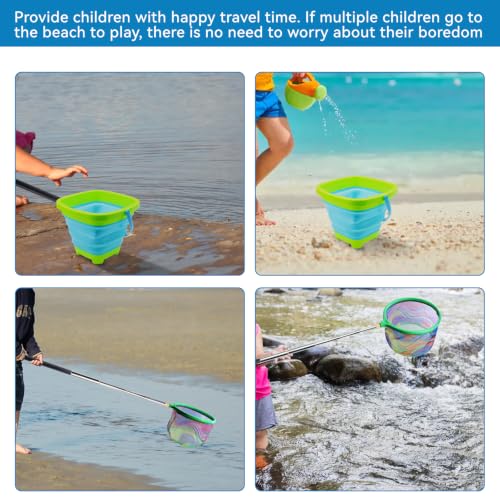 2PCS Fishing Net with Bucket, Telescopic Fishing Landing Net, Collapsible Youth Sand Bucket, Youth Fish Butterfly Catching for Freshwater Saltwater Outdoor Activities - color: Orange + Green