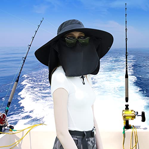 Women Wide Brim Face Mask Sun Hat Detachable Neck Face Flap Ponytail UV Protection Visor Hat Garden Fishing Hiking - color: Hyp008-black