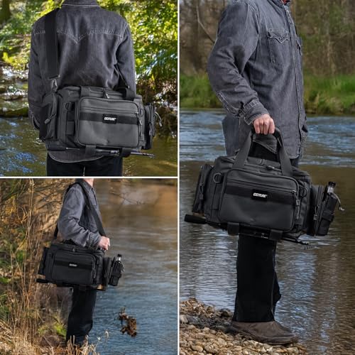 Goture Fishing Tackle Bag,Store Up to 4PCS 3700 Tackle Boxes(Not Included),600D Soft Side Water-Resistant Saltwater Gear Storage Fishing Bag with Rod Straps,Detachable Water Bottle Pouch,SBS Zippers - color: A3:Black(Without Trays-17.72"x11.81"x9.45"), si