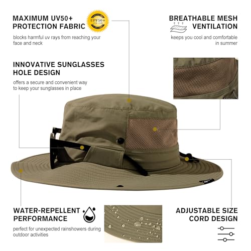 TOP-EX UVCoolix™ UV Protection Mens Sun Hat with Cooling Neck Flap Sunglass Lock Wide Brim Fishing Hats - color: Army Green, size: X-Large-XX-Large