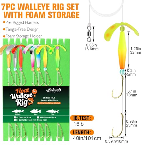 Dovesun Crawler Harness Walleye Rigs with Dual-Wing Blade, Float Walleye Spinner Rig for Slow Trolling (0.25 mph), Fluorocarbon Worm Harness, 2 Hook Walleye Fishing Rigs, 7 Pack - size: Dual #4 Baitholder Hooks