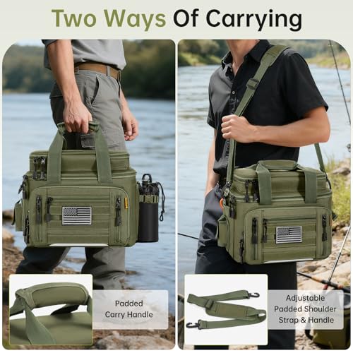 Fishing Tackle Bag - Holds 3400-3600 Size Tackle Boxes -Saltwater & Freshwater Fishing Bags - Padded Shoulder Strap Fishing Bags(Green) (Bag Only) - color: Green