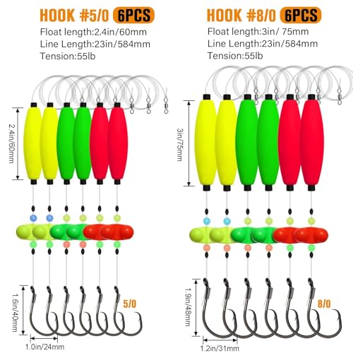 Dovesun Pre-Tied Catfish Rig System, 23 Inch 55LB Santee Cooper Catfish Float Rig with Adjustable EVA Slip Float and High Carbon Circle Hooks 5/0 6/0 8/0, Ready-to-Fish for River and Bank Fishing - color: Cigar Float-8/0Hook * 6PCS