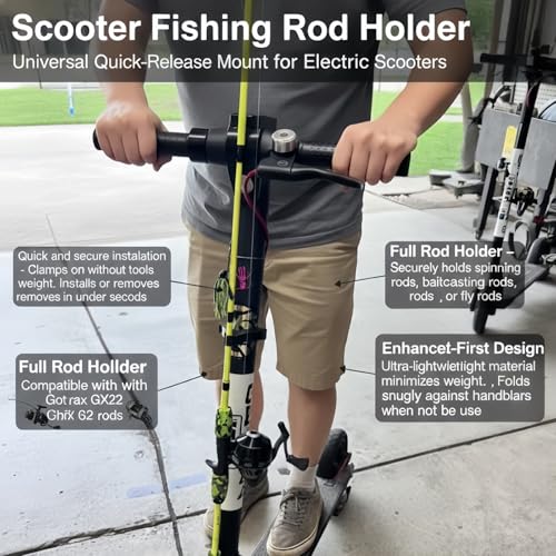 Scooter Fishing Rod Holder Compatible with GoTrax GX2/G2, Universal Quick-Release Mount for Spinning, Baitcasting & Fly Rods, Lightweight Adjustable Fishing Gear Accessory for Electric Scooters
