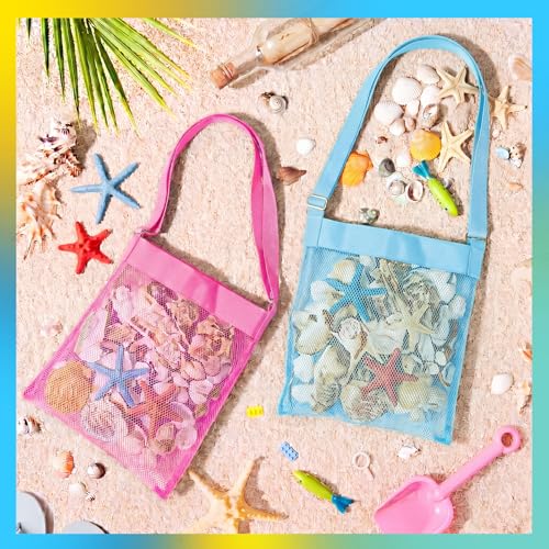 VioraWhite 2 Pcs Extra Large 14 x 16inch Clam Mesh Chum Beach Bags for Seashells Clams Treasures Sand Away Foldable Shell Collection Bags with Adjustable Straps (Pink,Blue) - color: Pink, Blue