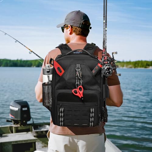 Fishing Tackle Backpack with 2 Rod Holders, Water-Resistant Fishing Gear Storage Bag, Tackle Bag for Fishing Equipment, Fisher Gifts For Men, Black - color: A-Black(Without tackle box)