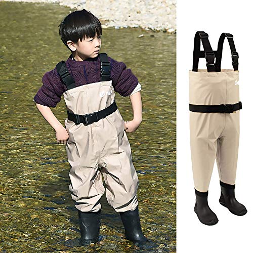 kids to youth waterproof chest waders, Swamp Mudding wader for boys and girls - color: Tan Solid, size: Feet:10C/EU26; Height≦108cm