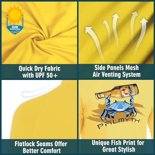 Palmyth Fishing Hoodie for Men Long Sleeve Sun Protection UV UPF 50+ Shirts - color: Yellow/Crab, size: XX-Large