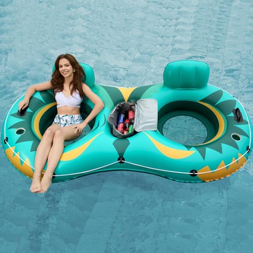 Jasonwell Inflatable River Tube Float - 2 Person Heavy Duty River Float Pool Floats with Removable Cooler Lake Water Tubes for Floating River Raft Lounge Floatie with 2 Cup Holders for Adults (Green) - style: Owl-Green
