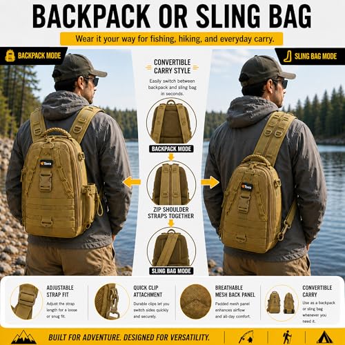 Tovra Fishing Tackle Backpack with Rod Holder & Removable Storage Pouch – Waterproof Sling Bag, Fits Up to 3 3700 Tackle Boxes, MOLLE Fishing Backpack for Rods, Pliers, Water Bottle & Outdoor Gear