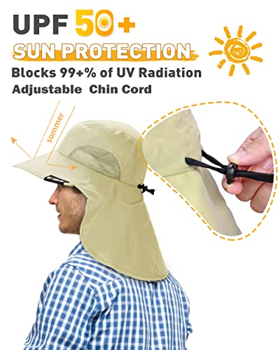Tirrinia Wide Brim Sun Hat with Neck Flap for Men & Women, Breathable Hiking Fishing Safari Hat, Outdoor UV Protection Cap - color: Tan