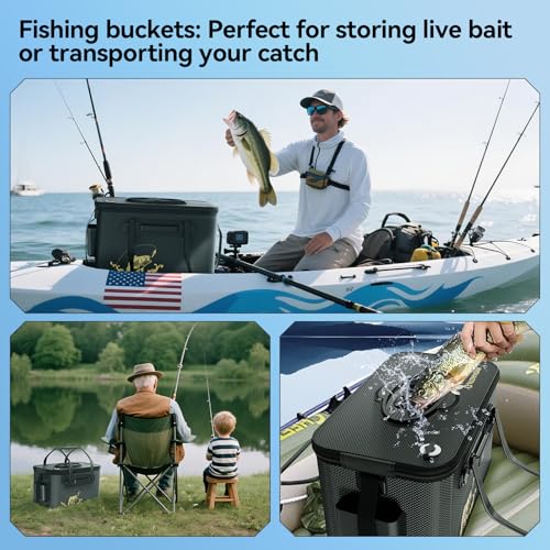 Fishing Bucket Foldable, 6Gallon/8Gallon/10Gallon,Live Fish Container Multi-Functional Live Fish Bait Bucket,for Fishing, Camping, Moving - color: Black