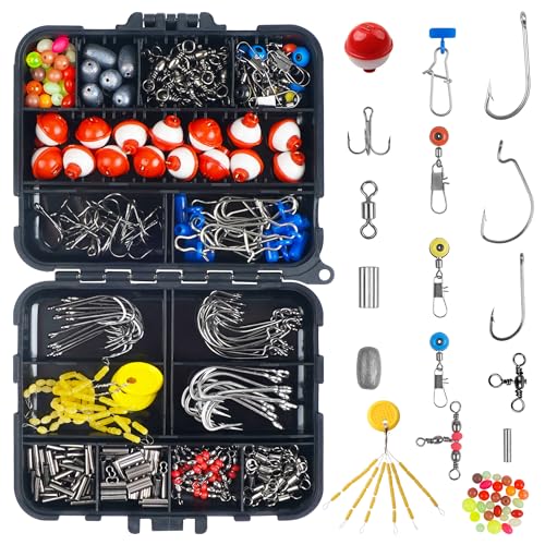 Fishing Tackle Kit,286pcs Fishing Hook Bobber Box Kit with Fishing Bobbers,Various Fish Hooks,Weights,Swivel Snaps,Brass Sleeves,Sinker Slides Starter Kit for Artificial and Live Baits Trout Panfish