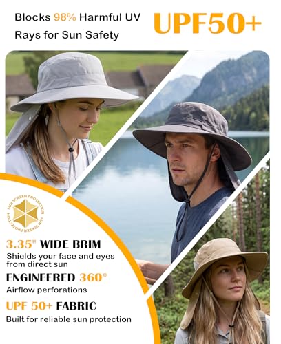 Home Prefer UPF 50+ Wide Brim Sun Hats with Neck Flap Sun Protection Hat for Men Women Gardening Fishing Summer Bucket Hat - color: Light Grey