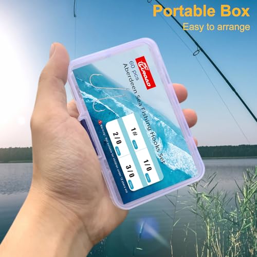 60pcs Aberdeen Sea Fishing Hooks, Large Barbed Aberdeen Hooks, Long Shank and Wide Gape Size 1#, 1/0, 2/0, 3/0, Light Fishing Hooks High Carbon Steel (60 Pcs, Mixed)
